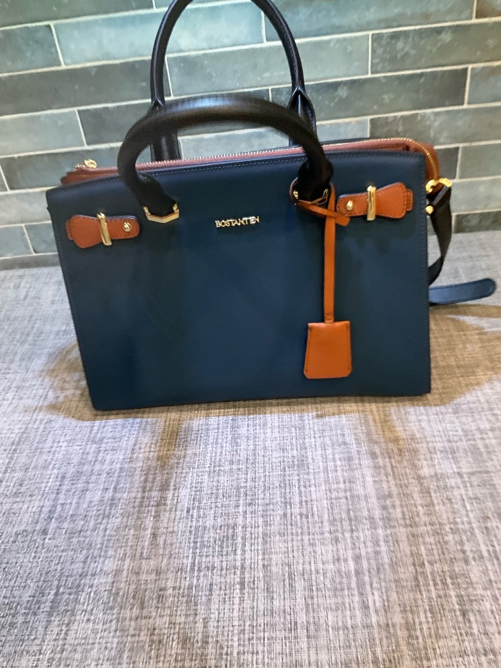 BOSTANTEN Navy and Brown Leather Satchel - Picture 4 of 14